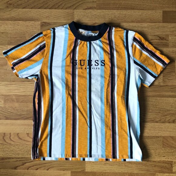 GUESS (Size L) Multi-Color Yellow Striped T-Shirt - Picture 2 of 6